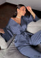 Pijama bohemio, conjunto de pijama de satén Clementine en azul y verde